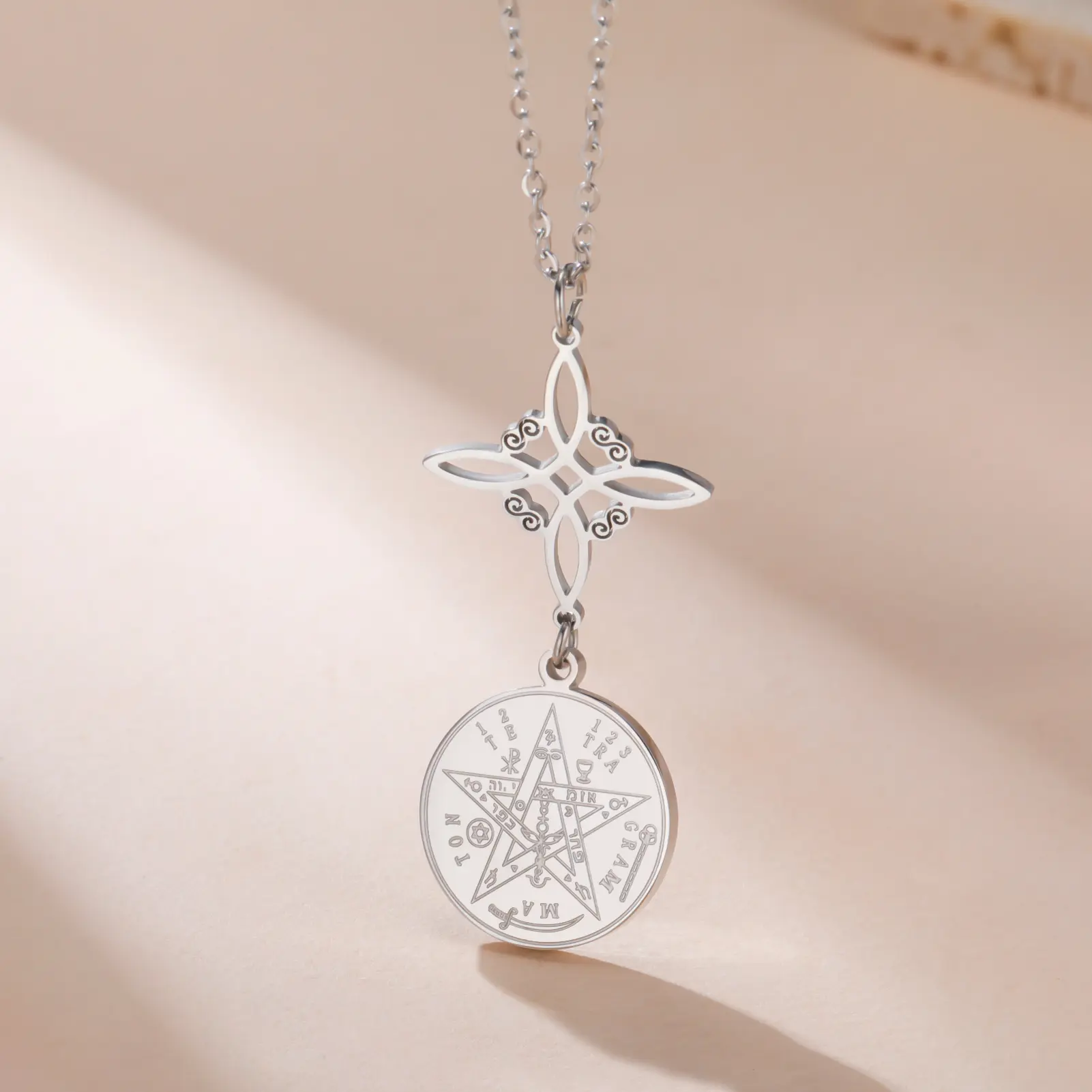 Cazador Witch Knot Tetragrammaton Pentagram Pendant Necklace Stainless Steel Vintage Double Amulet Protection Necklaces Jewelry
