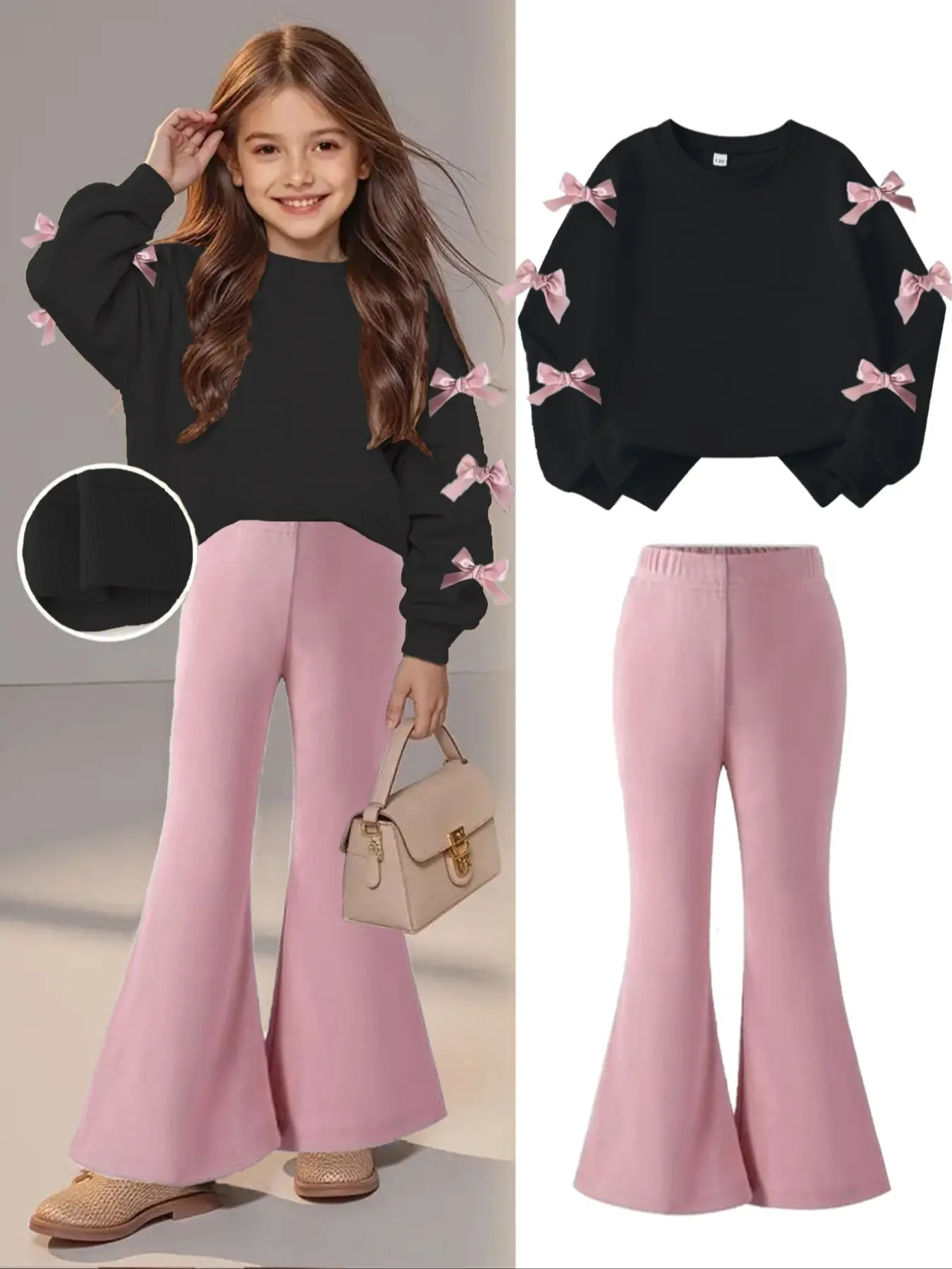 Teenagers' Bow Decorated Sweatshirt & Flare Pants Set, Casual Fall/winter, School Streetwear, Long Sleeve, Fitted, Colorblock Pattern