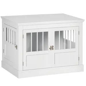 PawHut Dog Crate End Table with Triple Doors, Wooden Dog Crate Furniture Indoor Use, Puppy Crate for Small Dogs, White