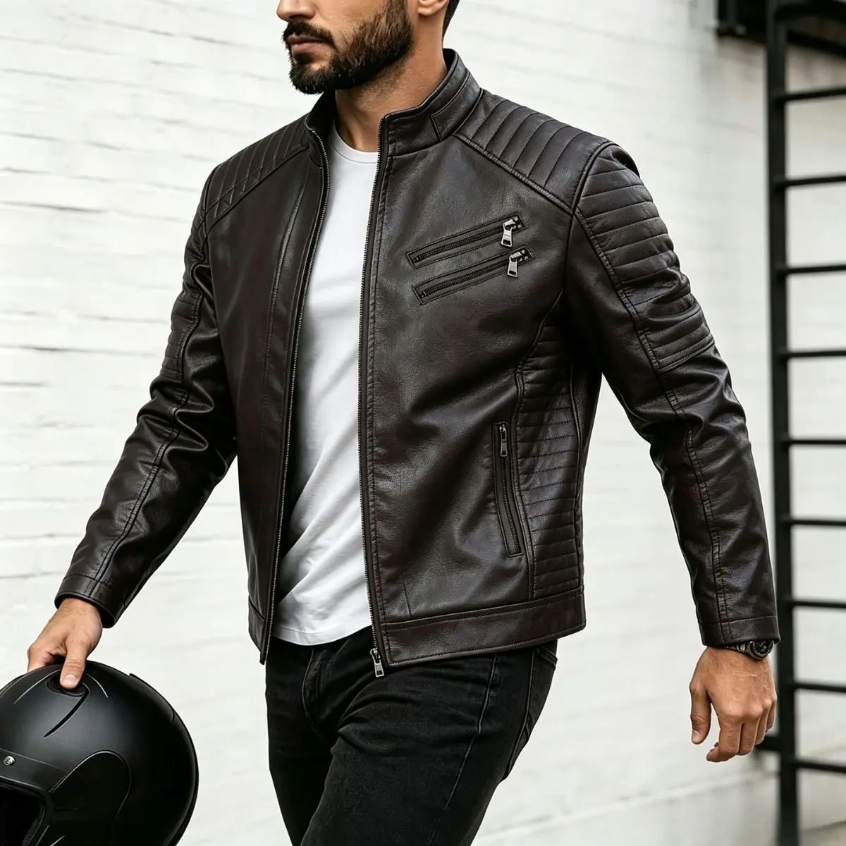 Men's Short Long-Sleeve Motorcycle Leather Coat - Menswear, Stand Collar, Vertical Stitching, Multiple Zippers, Plain Casual Retro Biker Riding Jacket, Tops