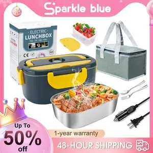 Electric Lunch Box 60W Food Heater for Adults, 12/24/110V Portable Lunch Warmer Upgraded Heated Lunch Box for Car/Truck/Office with SS Fork&Spoon and Insulated Carry Bag