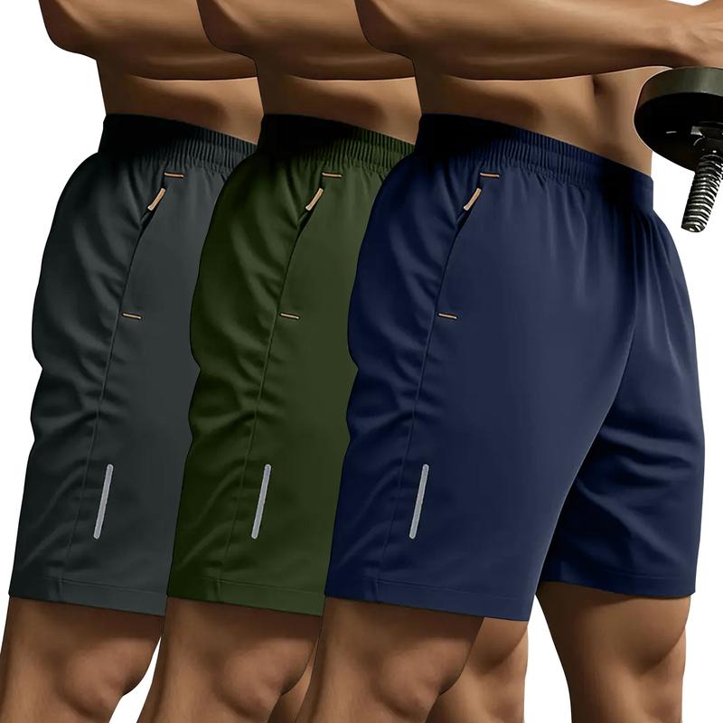 Men's 3-Pack Quick-Dry Ice Silk Fiber Sports Shorts with Zipper Pockets, Striped Lightweight Breathable Outdoor Running, Hiking, Beach Regular Fit Summer Casual Shorts, Men's Gift Recommendation