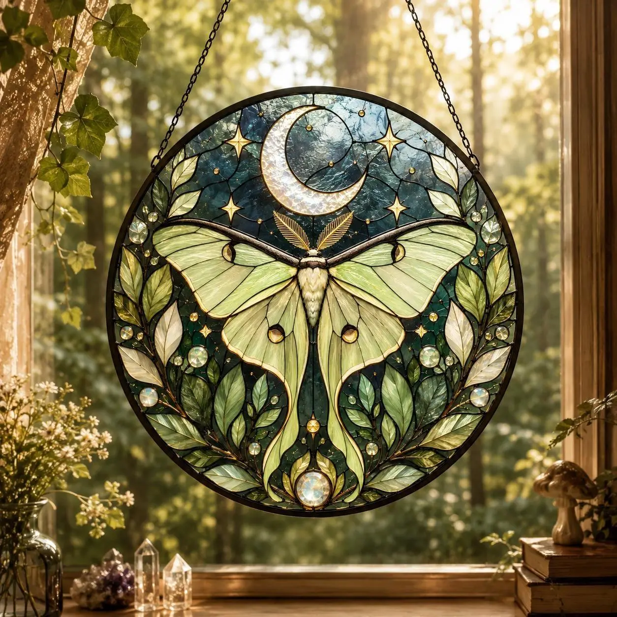 Luna Moth Stained Glass Suncatcher, Celestial Moon Window Hanging, Witchy Wall Decor, Cottagecore Gift, Botanical Home Decor for Her