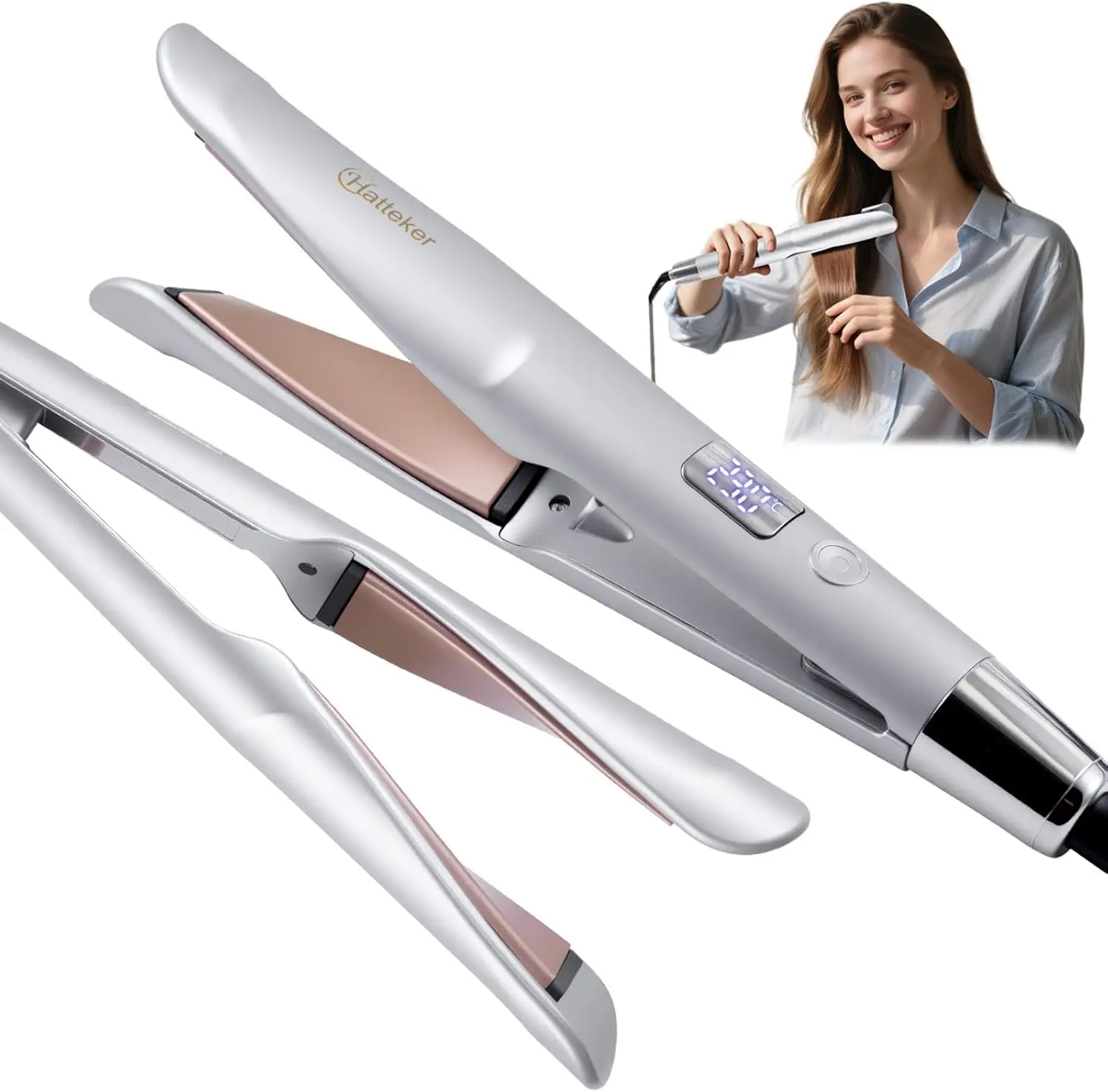 Hatteker Hair Straightener and Curler 2-in-1, Twist Flat Iron Hair Straightener for Women, 1 inch Wave Curling Iron,Dual Voltage, 30s Fast Heat Up, 11 Adjustable Temp for All Hair Types (Silver)