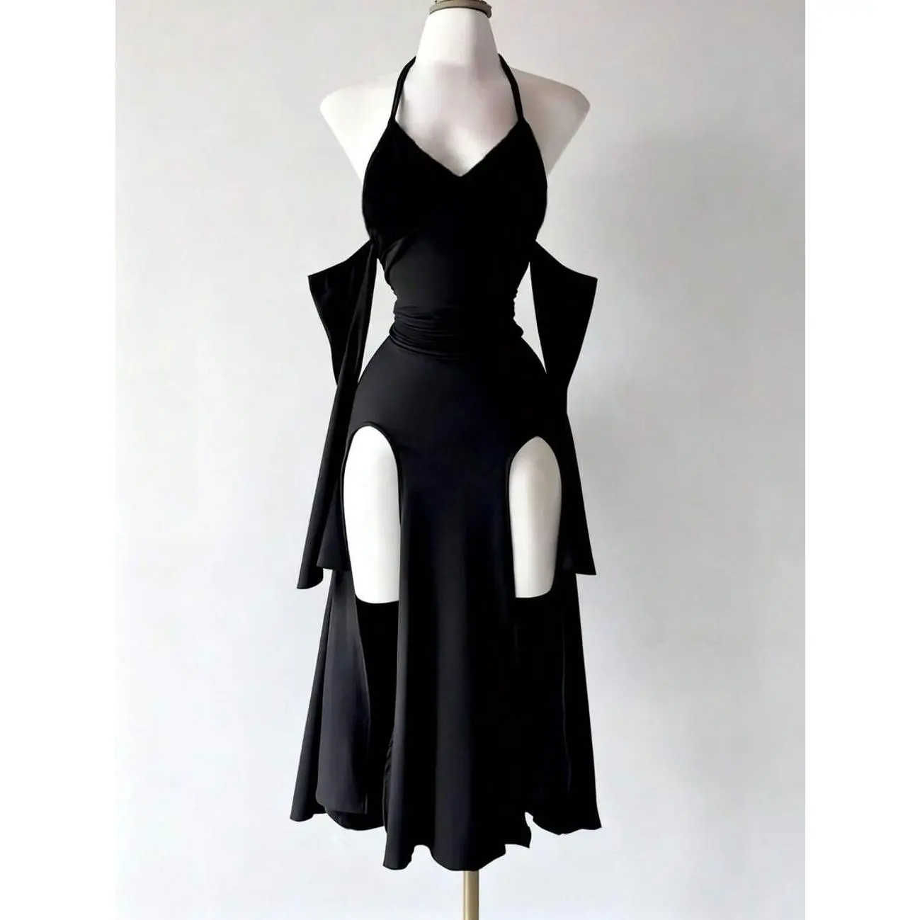 Dark Goth Halter Cutout High Slit Dress, Off Shoulder Button Sleeve Y2K Alt Summer Party Outfit