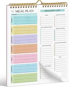 Meal Planner Notebook 8.5x11”, 50 Sheets Magnetic, Double Helix Meal & Grocery List, Wall-Mountable Menu Planner for Daily & Weekly Plan