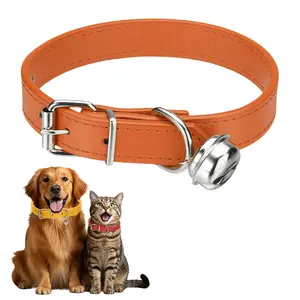 PETAXCELL Dog Collar with Bell, Pu Leather Cat Collars Pet Basic Soft Padded Adjustable Buckle, 16" (Orange, 1pcs), Intended for Teacup / Little Dog / Kitten Cats / Small Animals