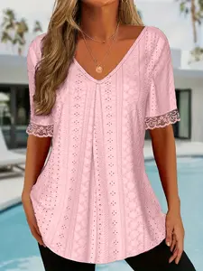 Vacation Style Casual V Neck Lace Short Sleeve T-Shirt Blouse, Hollow Out Design, Loose Fit Slimming Cover Up, Versatile Top for Women