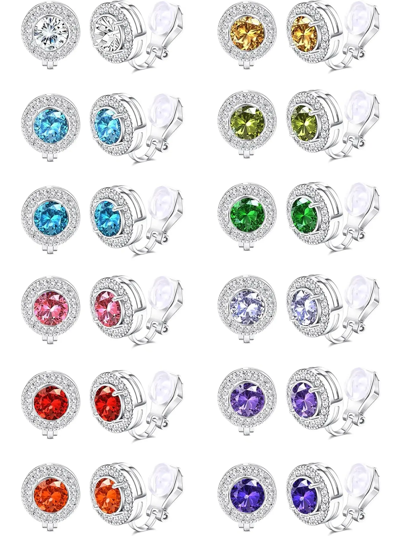 12Pairs Birthstone Clip Earrings for Women Round Cubic Zirconia Clip On Earrings Non Pierced Fake Earrings Clip Stud Earrings with Rubber Pads Ear Clip Set