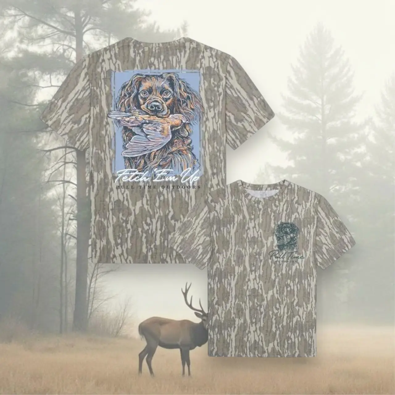 Full Time Outdoors Duck Hunting Mossy Oak Bottomland Camo T-Shirt, Full Print Waterfowl Hunting Shirt, Short Sleeve Outdoor Hunting Tee, Men's Camouflage Apparel, Duck Hunter Gift for Dad