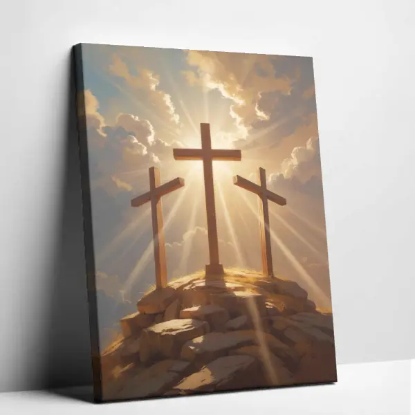 Christian Faith 3 Crosses Wall Decor Poster - Inspirational Sunlight Sunset Artwork for Living Room, Church Gift (Home Decor)