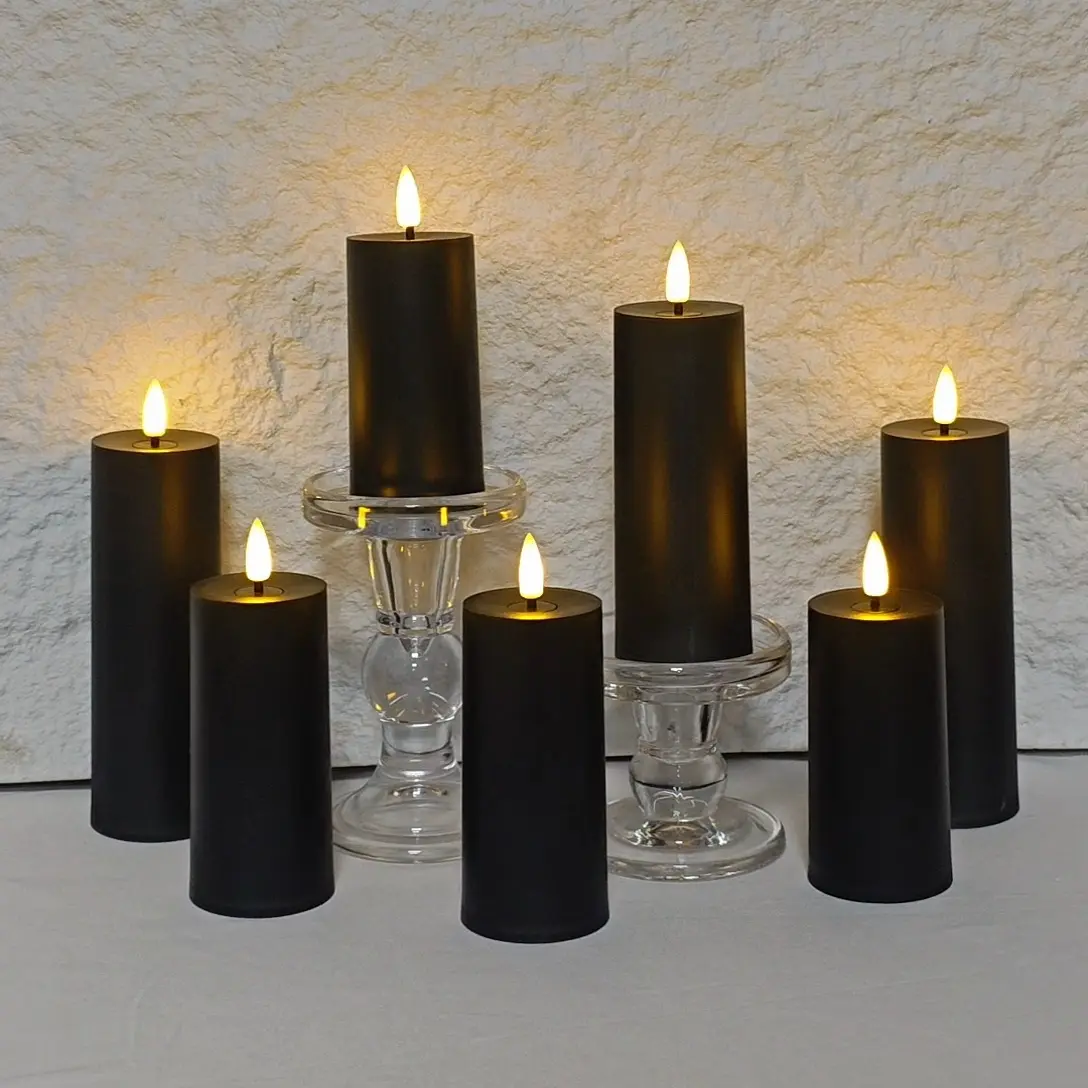 5/10 Pack Black LED Realistic Candle Lights, Battery Operated Remote Candle Set, 5 Heights Available, Warm Realistic Flame, Timer, Steady/Flicker Mode & Brightness Adjustment, Create Dark Luxury Atmosphere for Halloween & Party Decor