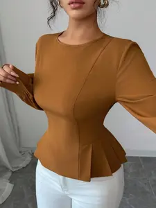 1 Caramel Brown Crew Neck Waist-Cinched Ruffled Long-Sleeve Top, Blouse, Retro Style, Casual, Slim-Fit Pearl-Accented Cuffs Pleated Hem Detail, Ideal for Women, Suitable for Fall & Winter, Perfect for Home, Indoor & Outdo