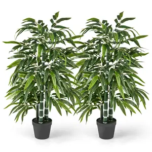 COSTWAY - 2 Pack Fake Bamboo Leave Tree with 3 PE Bamboo Trunk-Green