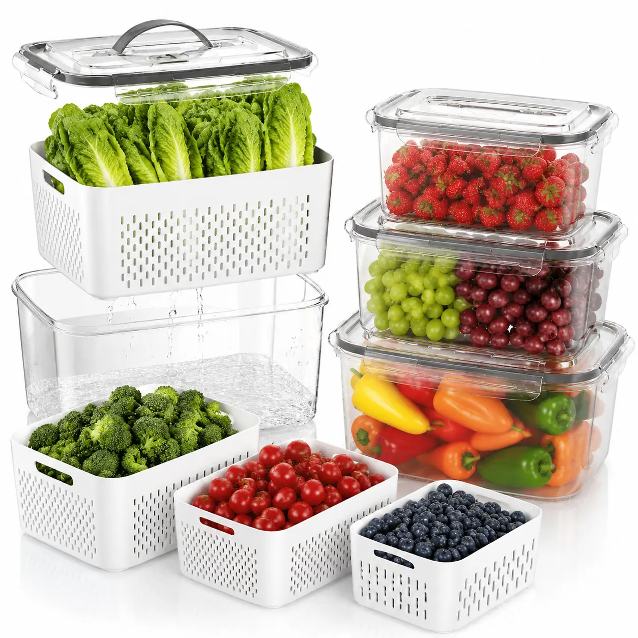 4 Pack Fruit Storage Containers for Fridge with Handle & Drain Basket, Produce Keeper Organizer for Vegetables, Salad and Berry, Stackable Food Storage Containers