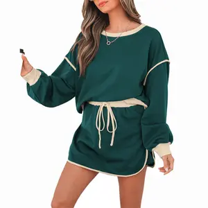 ZNACICC Women's  Patrick’s Day Winteroutfit Contrast Loose Long Sleeve Pullover & Lace-Up Waist Skort Set Casual Chic Outfit