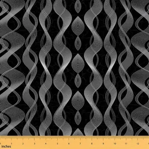 Silver Black Fabric By The Yard,Silver Stripes Waterproof Fabric,Retro Stripe Line Upholstery Fabric,Geometric Spiral DIY Reupholstery Fabric