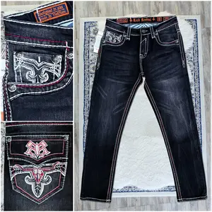 Western Black Straight Leg Jeans – Western Cowboy Embroidered Pockets – Streetwear Biker Denim for Men
