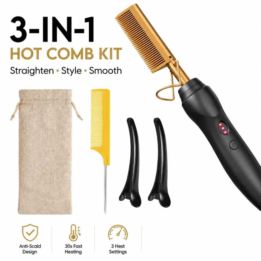 Electric Hot Comb for Flawless, Silky Straight Hair - Fast-Heating Hair Tools with 3 Heat Settings, 5-Piece Kit for Natural Textures & Wigs