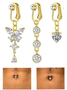 Fake Belly Rings Clip-On Belly Button Rings, Surgical Steel Fake Belly Button Ring CZ Heart Butterfly Dangle, Non-Piercing Faux Belly Piercing Jewelry, Body Piercing Jewelry