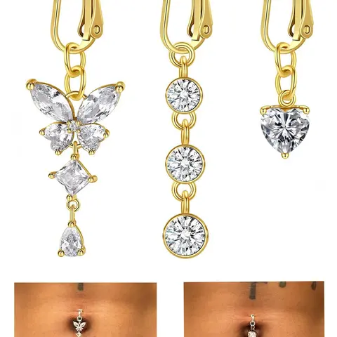 Fake Belly Rings Clip-On Belly Button Rings, Surgical Steel Fake Belly Button Ring CZ Heart Butterfly Dangle, Non-Piercing Faux Belly Piercing Jewelry, Body Piercing Jewelry, Body Jewellery