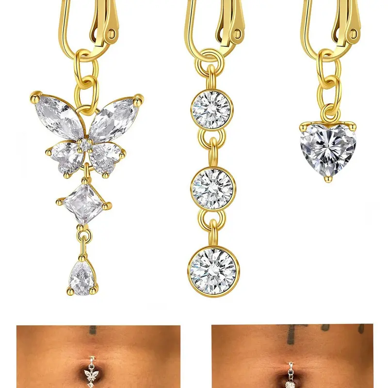 Fake Belly Rings Clip-On Belly Button Rings, Surgical Steel Fake Belly Button Ring CZ Heart Butterfly Dangle, Non-Piercing Faux Belly Piercing Jewelry, Body Piercing Jewelry, Body Jewellery