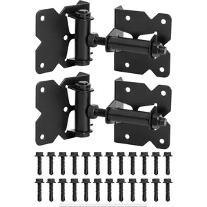 Self-Closing Gate Hinges, Heavy Duty Door Hinges for Wooden/Vinyl/PVC Fences, 90 Degree Adjustable Gate Hinge Hardware Kit with Spring Adjuster Tool, Black(1 Pair-2 Hinges)