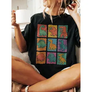 Retro Dino Grid Graphic Tee Dinosaur Shirt 056