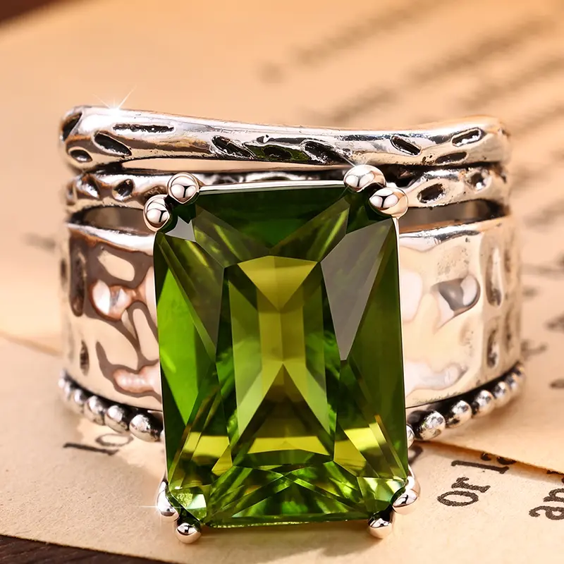 Women's Vintage Statement Ring with Green Emerald Cut, Antique-Inspired Geometric Copper Costume Jewelry, Party Accessory, Bold Accent, Elegant, Female