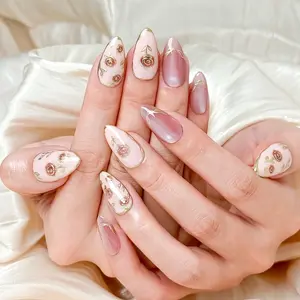 FloraNails |   F011 |   Medium Almond |   Handmade Press-On Nails 10PCS |   Acrylic, Reusable, Salon-Quality, Long-Lasting, Glossy Design