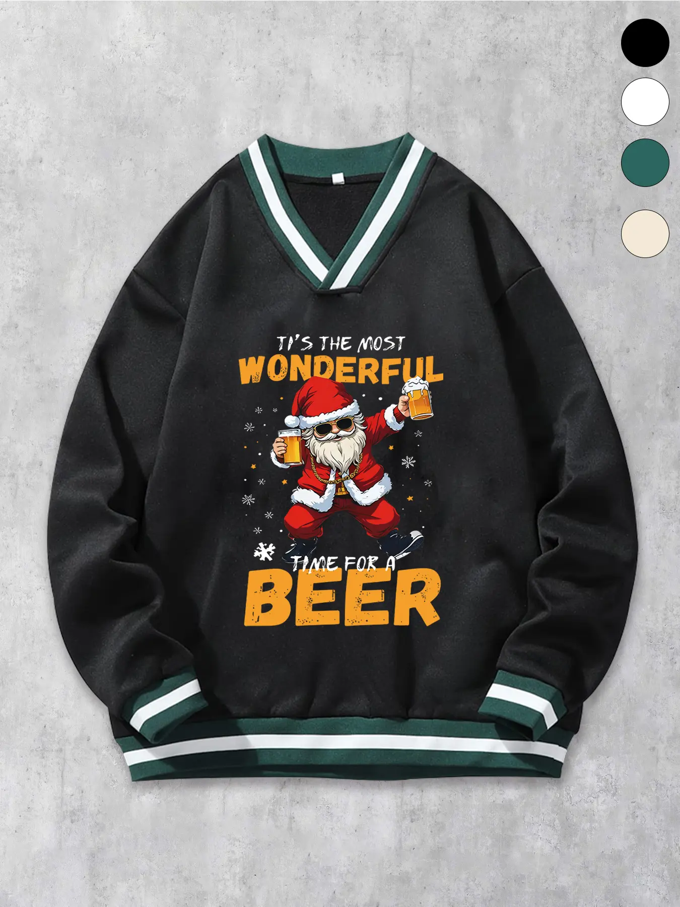 Funny V-Neck Varsity Christmas Jumper | Unisex Oversized Dark Green Beer Santa Sweater | Preppy Holiday Party Top with Striped Trim for Xmas Events #VarsitySweatshirt #FunnyChristmas