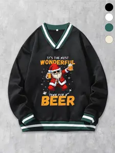 Funny V-Neck Varsity Christmas Jumper | Unisex Oversized Dark Green Beer Santa Sweater | Preppy Holiday Party Top with Striped Trim for Xmas Events #VarsitySweatshirt #FunnyChristmas
