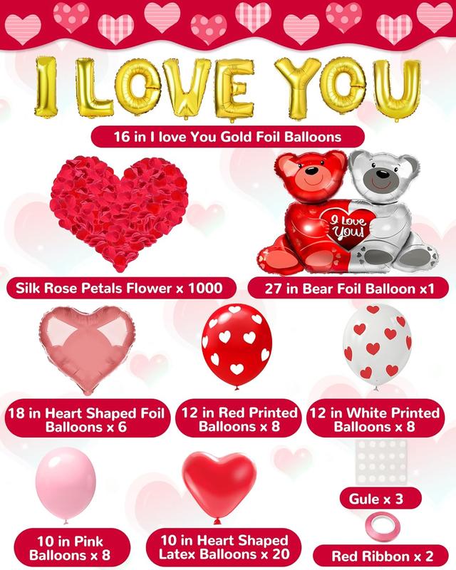54PCS Valentine’s Day Heart Balloons Set with “I Love You” Foil Balloons, 1000 Silk Rose Petals & Hanging Decor for Wedding, Anniversary & Romantic Night Decorations