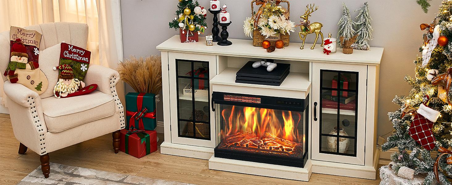 [Ships in 2 Boxes] AMERLIFE 3-Sided Glass Fireplace TV Stand for TVs up to 65'', Media Entertainment Center Console Table with Door Closed Storage, Distressed White/Best Gift Ideas/Christmas Gifts