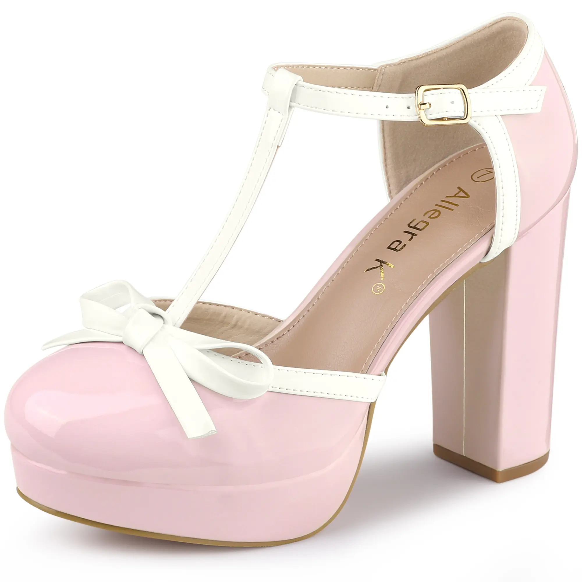 BLISSFUL STEP Women's Platform Bow T Strap Chunky Heels Pumps
