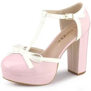 BLISSFUL STEP Women's Platform Bow T Strap Chunky Heels Pumps