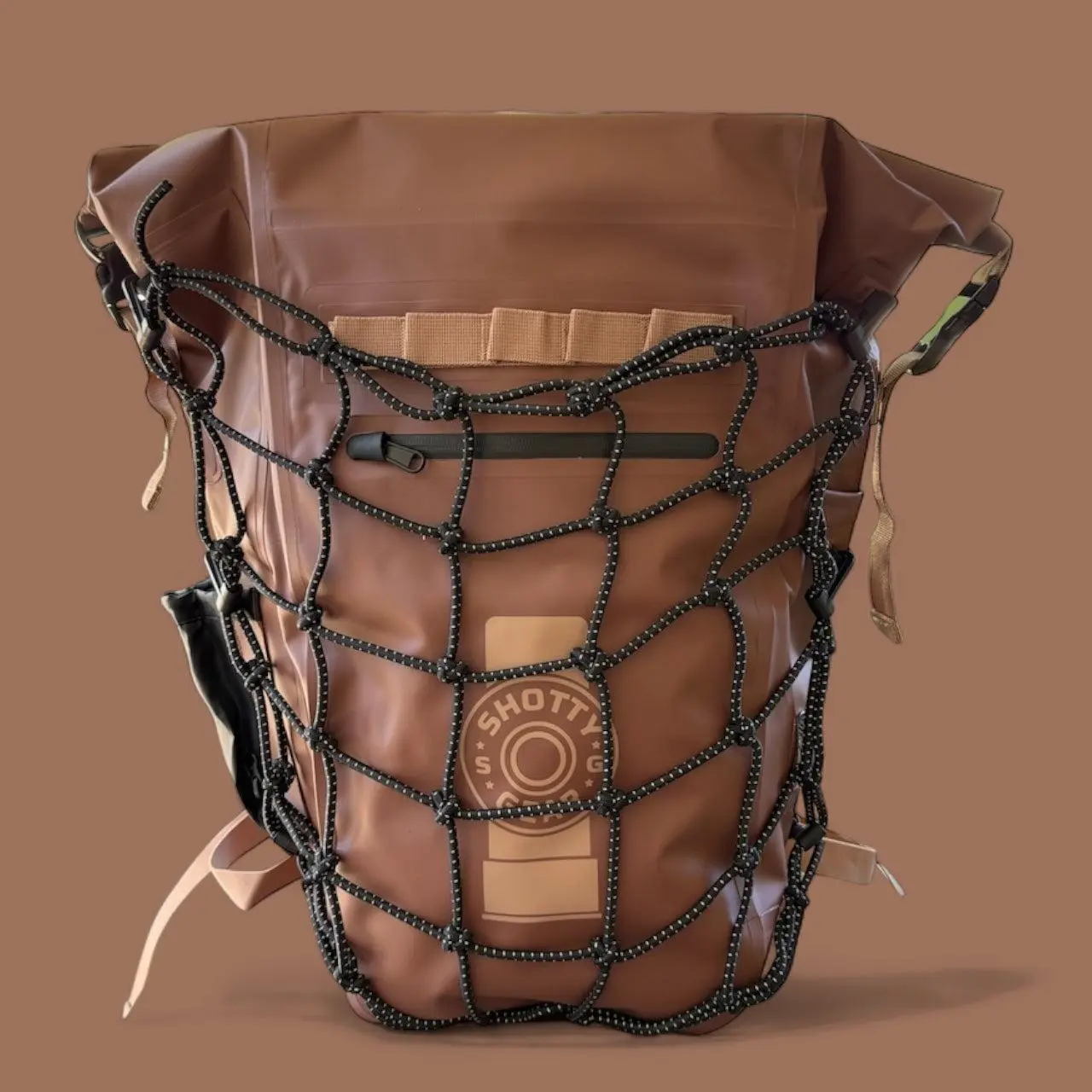 Shotty Gear Guard Dry Bag Backpack with Front Pocket, Top Handle, and Adjustable Straps. Elite model includes interior organizer, heavy duty strapping, exterior pocket for decoy poles, and removable mesh for packing in layers or spinning wing decoys.