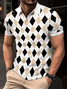 Men's Mesh Fabric T-Shirt, Polo Geometric Square Grid Print, Comfortable Thin Breathable Short Sleeve, Casual Fitted Regular Fit Shirt, Polo Shirts