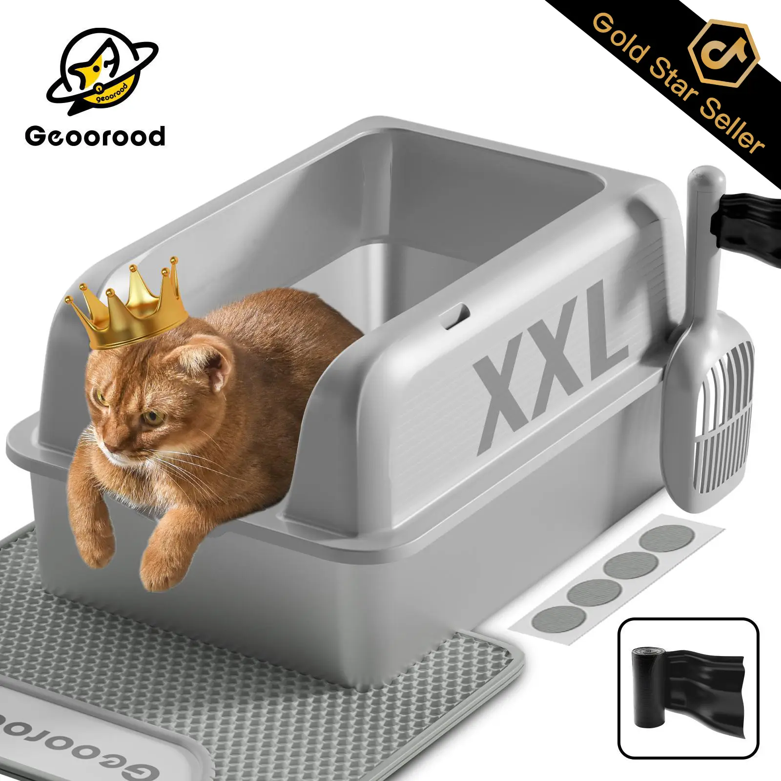【Geoorood】Geoorood XXL Cat Litter Box Stainless Steel 20L with Lid, XL Large Metal Litter Box High Sided Design,Anti-Urine Leakage, Include Cat Mat &