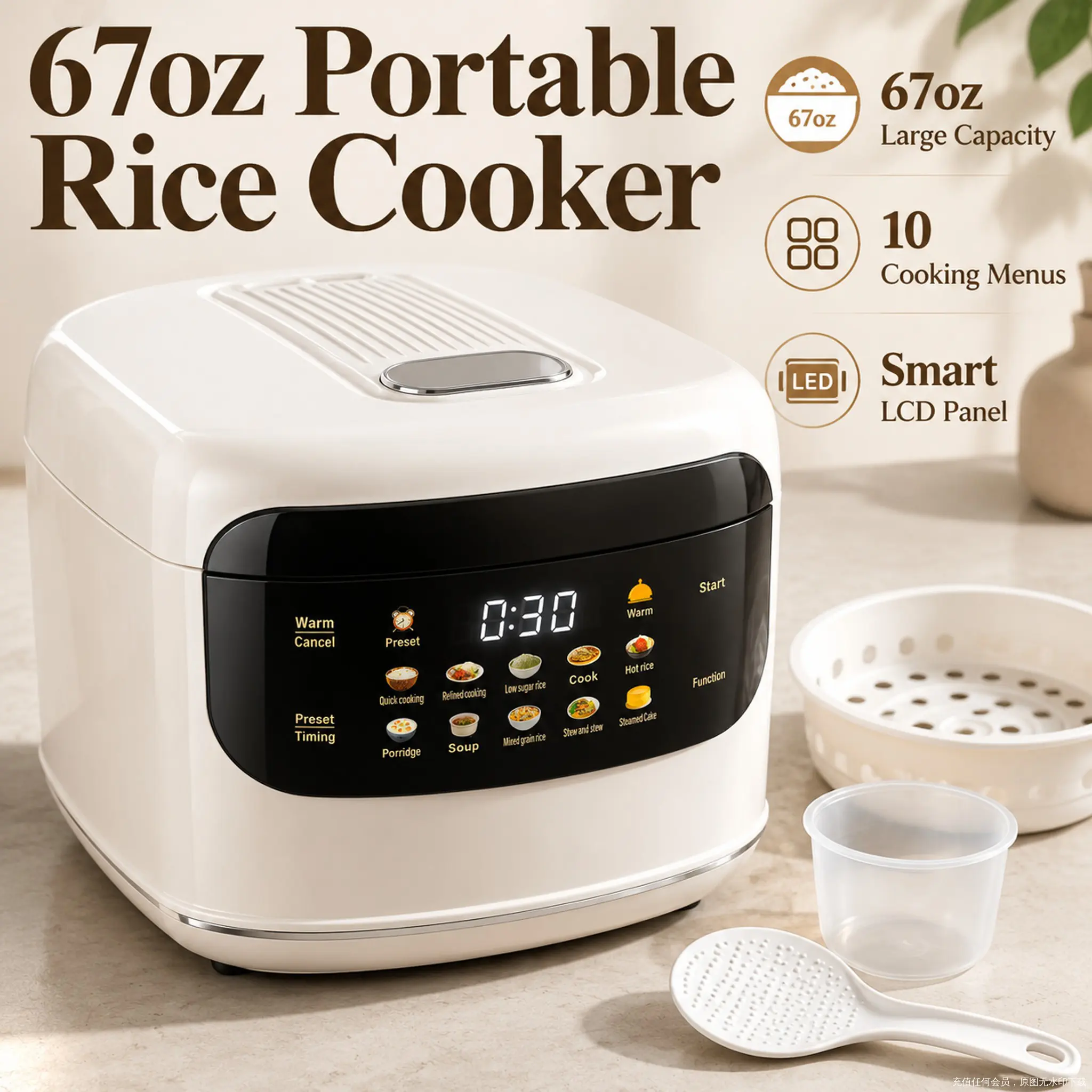 2L/67OZ Countertop Cooker - 10-in-1 Plastic Compact Small Footprint Rice Cooker, Keep-Warm Ready, Pre-Set Timer, 12 Presets for Rice, Soup & Oatmeal, Porridge