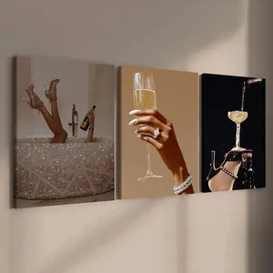 3 count wooden frame canvas, stylish female figure poster, gilt luxury life scene poster, stylish bedroom decoration, modern art home decoration, living room and corridor wall decoration, HD, waterproof, art, Modern Art Design
