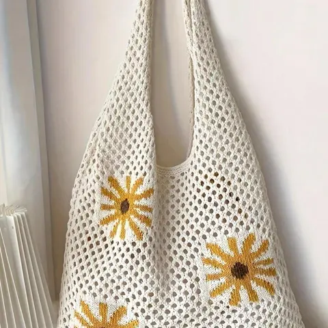 Fashion Flower Pattern Crochet Tote Bag, Boho Style Casual Shoulder Bag for Beach Trips, All Seasons Ideal Handbag, Fashionable Patterned Bag, Casual Commuter Bag, Portable Shoulder Bags