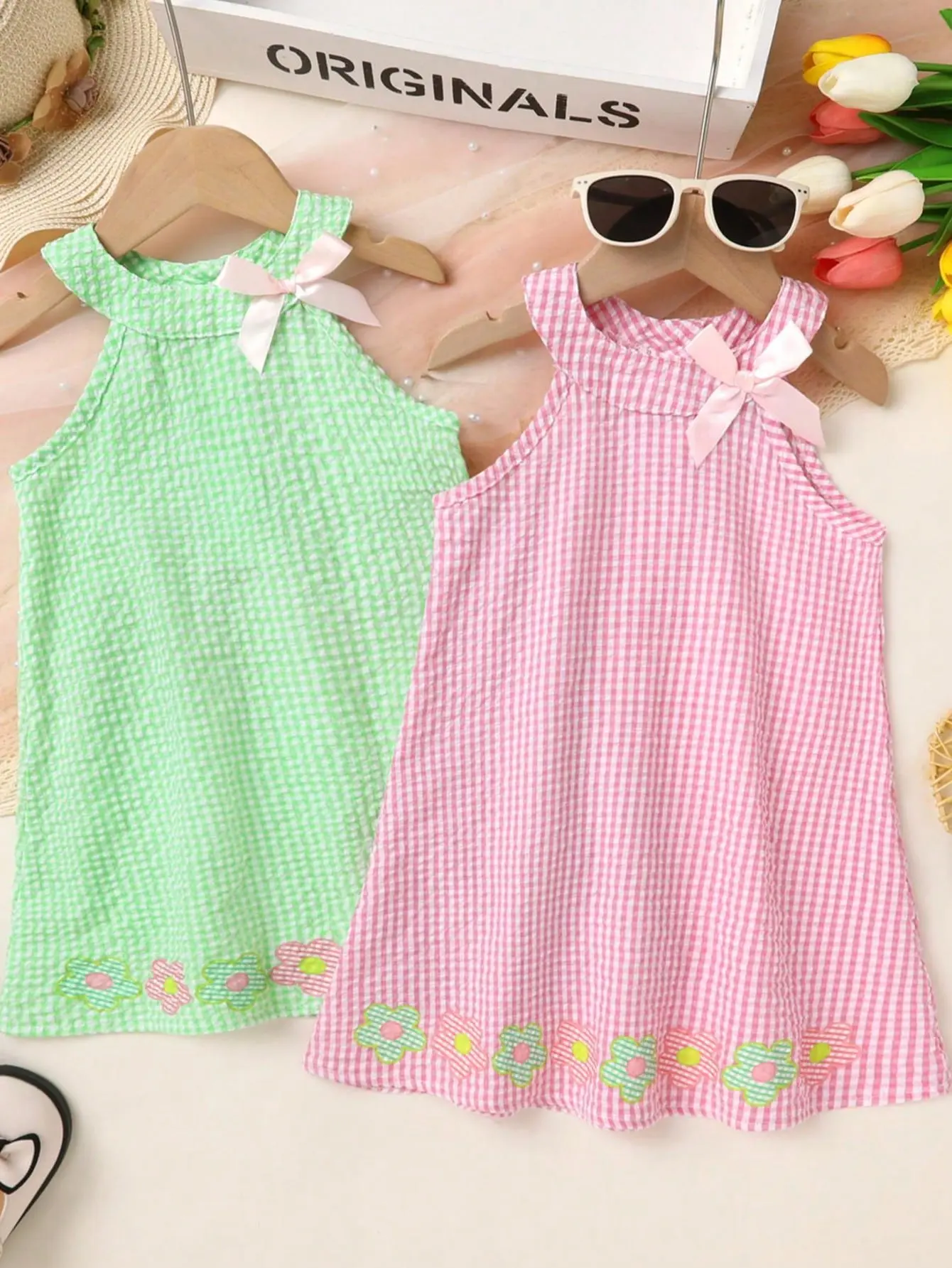 2pcs,Stylish Kids Young girls dresses,casual,cute,Soft, comfortable,Floral plaid bow-decorated halter neck backless princess dress,Suitable summer for everyday wear,vacations,parties,photo shoots,outdoor activities