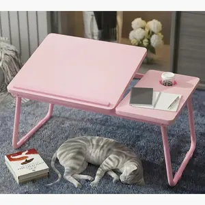 Portable Laptop Table - Adjustable Height Foldable Desk for Home Office Study and Reading - Sturdy Resistant Multifunctional with Cup Holder and Compact Design for Space Saving Convenience Pink Color