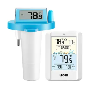 Floating Pool Thermometer - IPX8 Waterproof Easy Read Thermometer with Time, Indoor Temperature & Humidity Monitor for Swimming Pools, Spas, Hot Tubs (Blue 2-piece set)