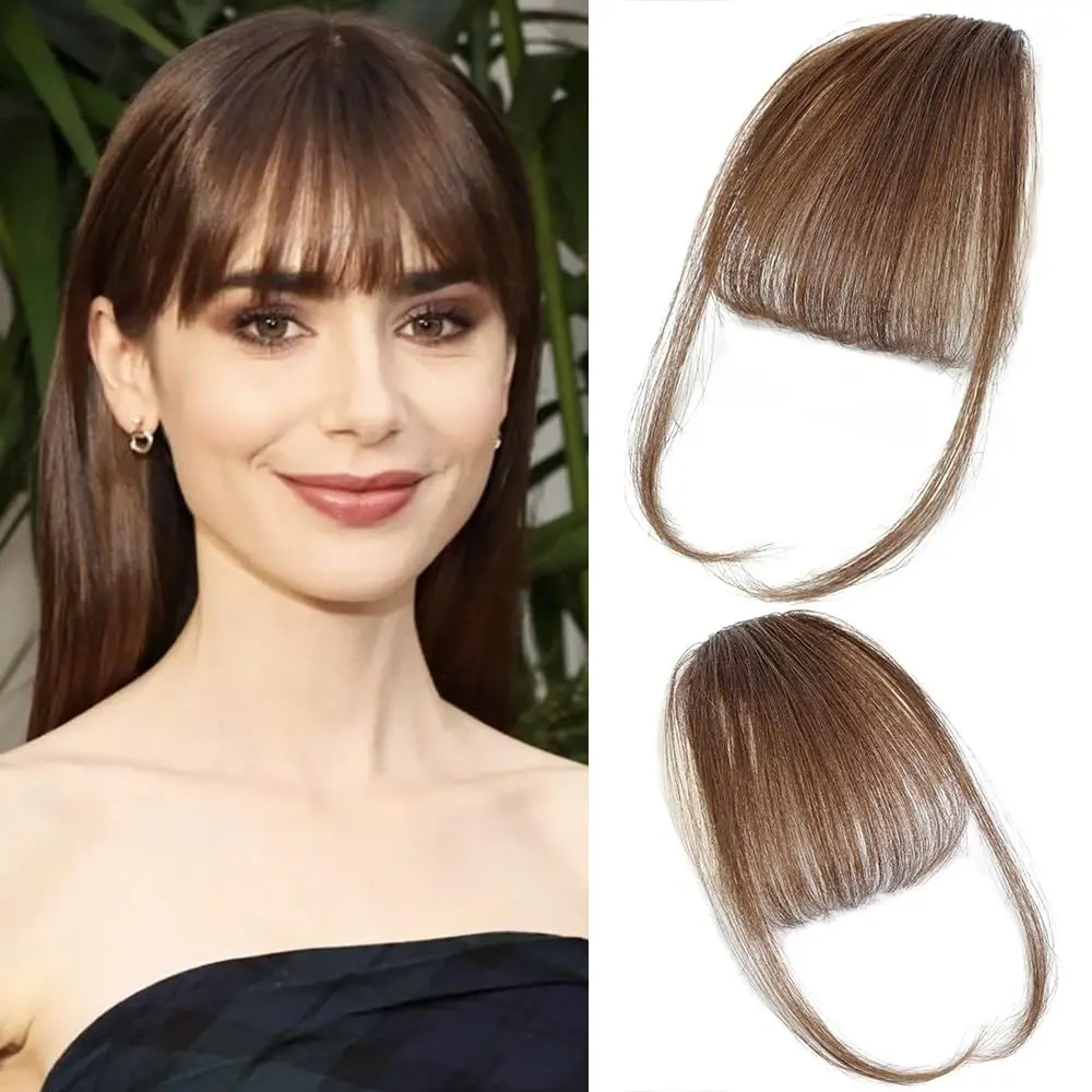 Clip in Bangs 100% Real Human Hair Extensions Clip on Wispy Bangs for Women Fringe with Temples Hairpieces Medium Brown Color