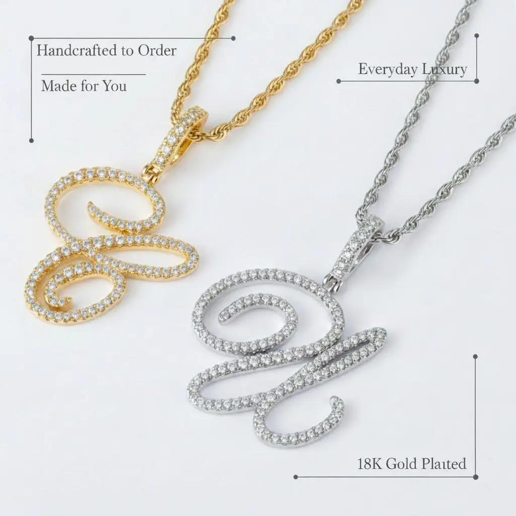 Aera Cursive Initial Necklace, 18k Plated Letter Pendant with 3mm Rope Chain, Gold/Silver Topcoat Resistant Finish, Jewelry Accessory for Her Gifts