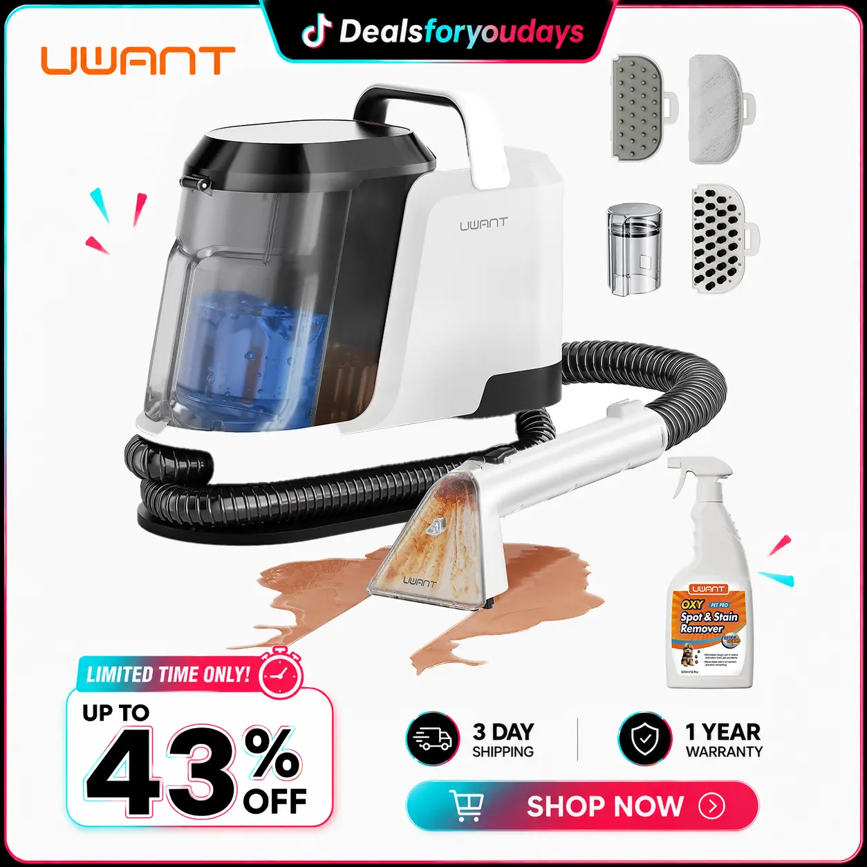 Uwant Y100 Carpet Cleaner Machine 18Kpa PowerfulSuction Upholstery Cleaner for Pet, PortableCarpet Cleaner with Cleaning Tools&Self-cleaning for Spot, Cars,Rug,Furniture