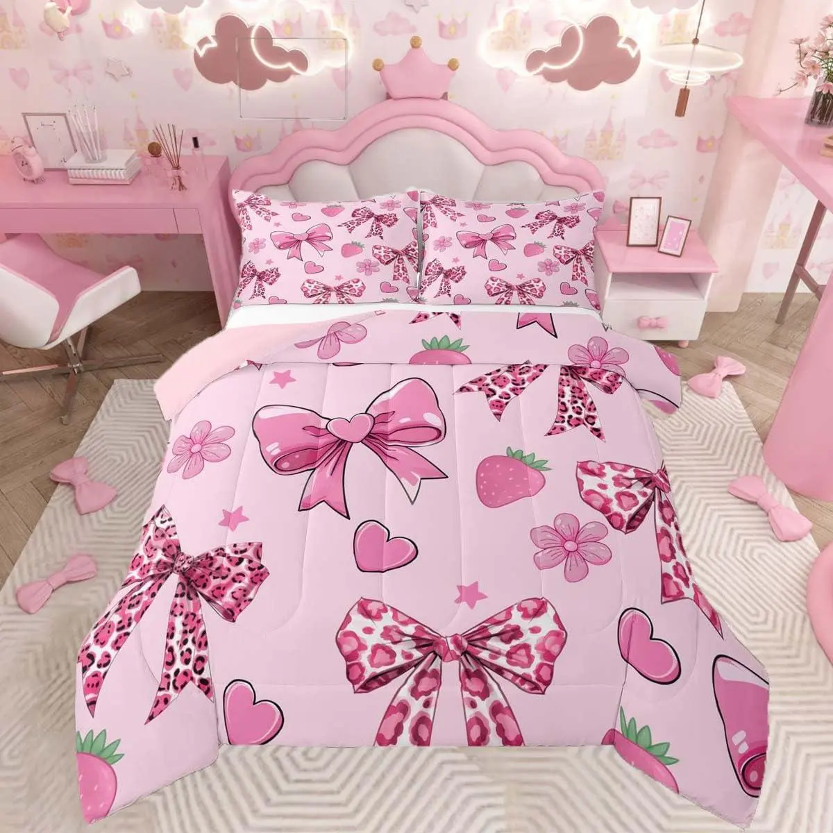 Bowknot Leopard Bedding Set Soft for Boys Girls,Pink Bow Comforter Set Strawberry Duvet Quilt Microfiber Cheetah Bedroom Decor
