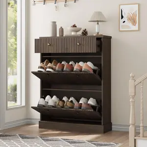 Garvee Shoe Cabinet with 2 Flip Drawers & 1 Top Drawer, Large Fluted Storage Cabinet with Adjustable and Removable Shelves, Freestanding Narrow Shoe Organizer for Entryway, Hallway, Walnut